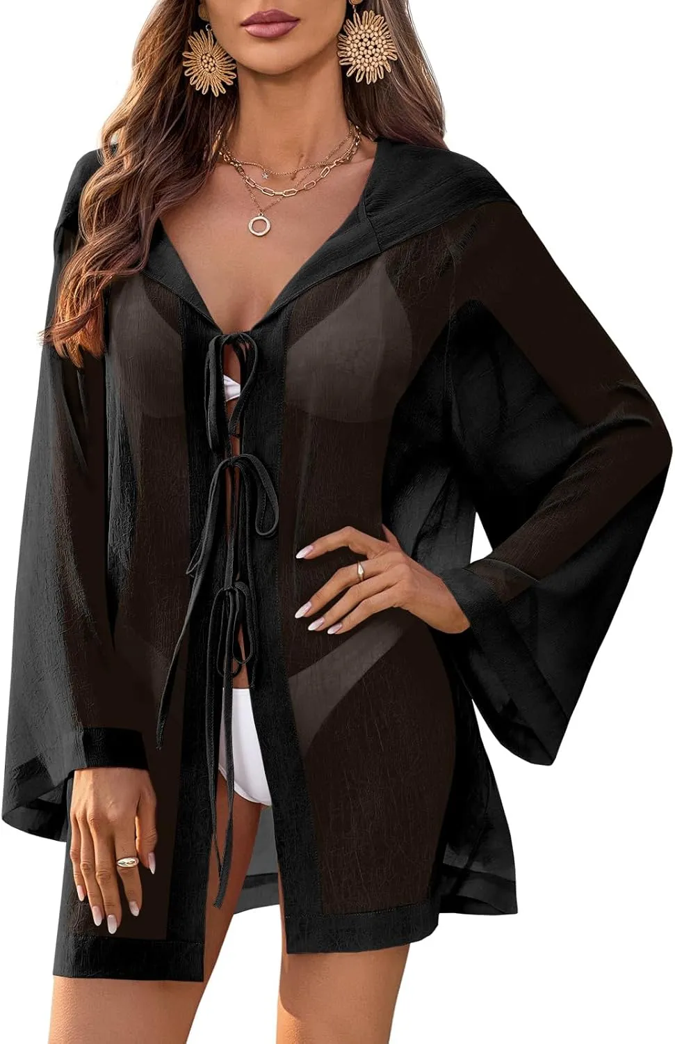 Fisoew Women Swimsuit Coverup Sheer V Neck Long Bell Sleeve Lightweight Cardigans Tie Front Hooded Beach Shirts