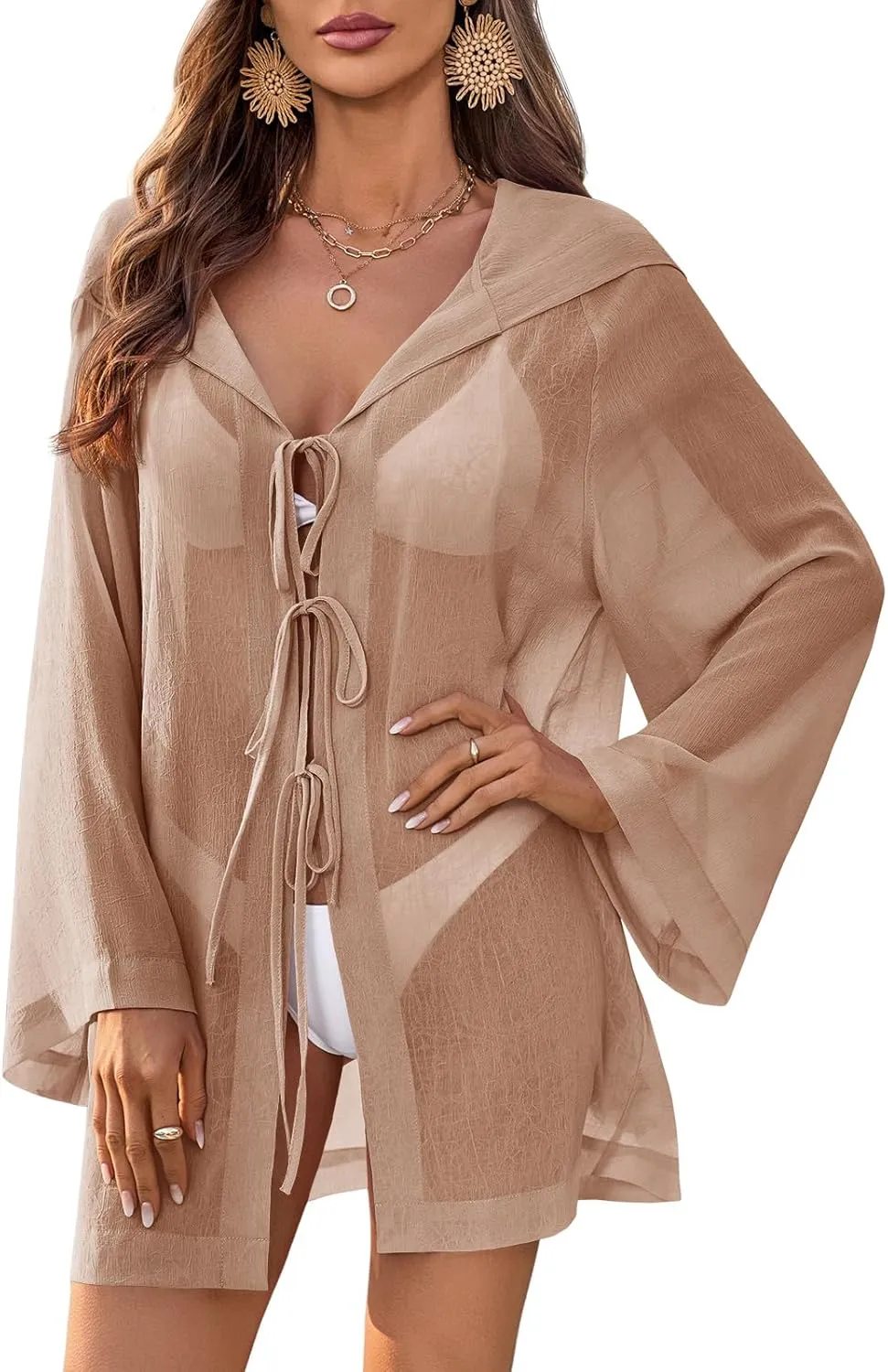 Fisoew Women Swimsuit Coverup Sheer V Neck Long Bell Sleeve Lightweight Cardigans Tie Front Hooded Beach Shirts