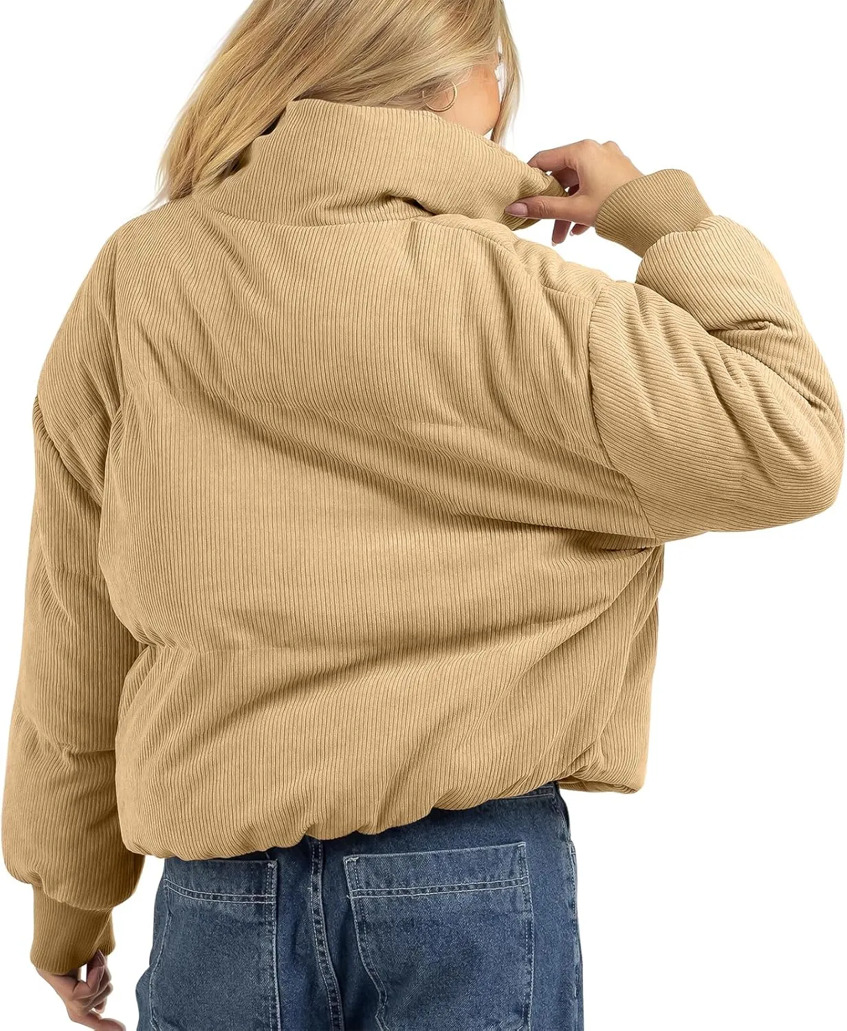 Fisoew Women's Corduroy Quilted Puffer Jackets Long Sleeve Zip Up Stand Winter Down Coat with Pockets