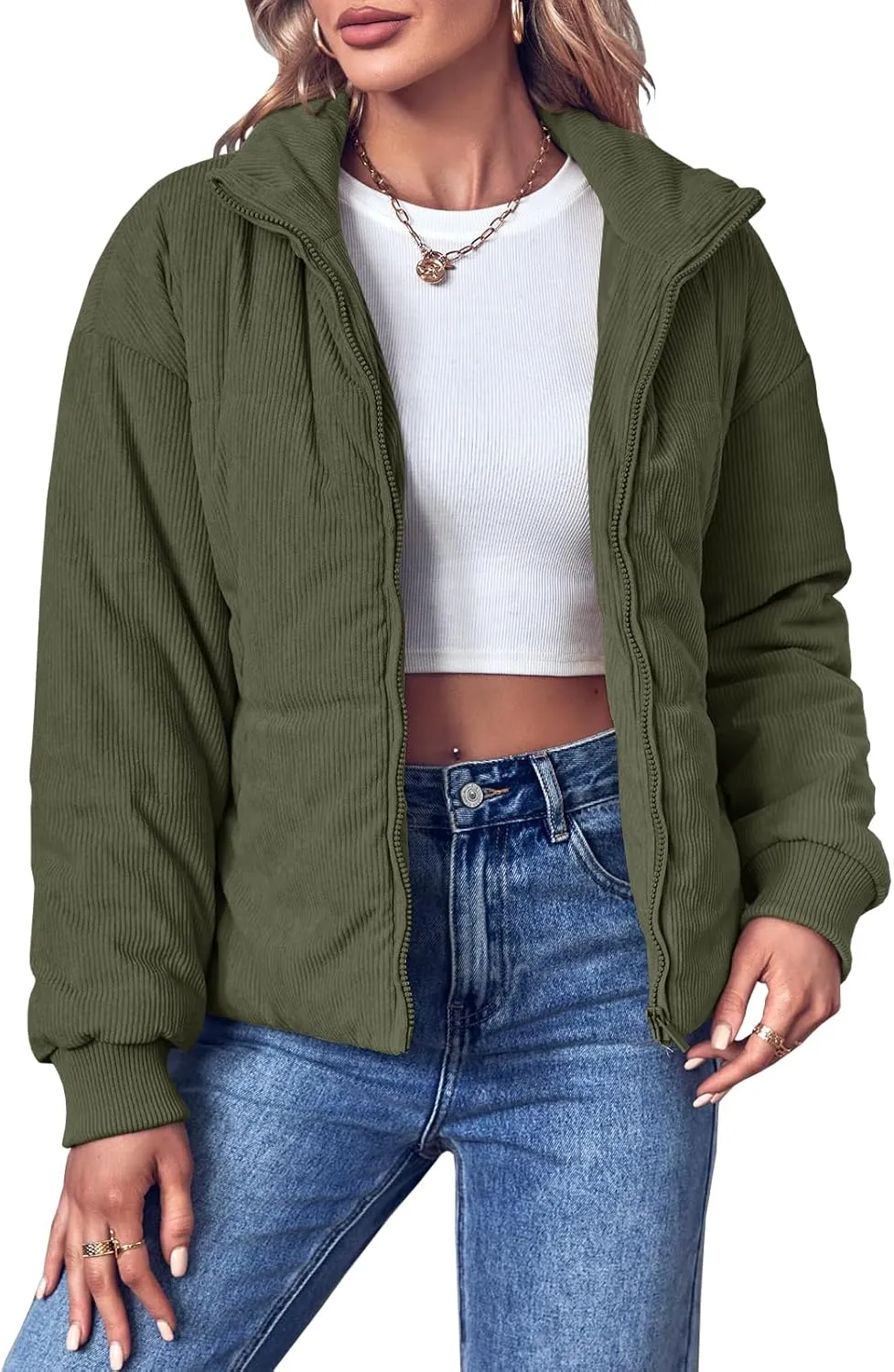 Fisoew Women's Corduroy Quilted Puffer Jackets Long Sleeve Zip Up Stand Winter Down Coat with Pockets