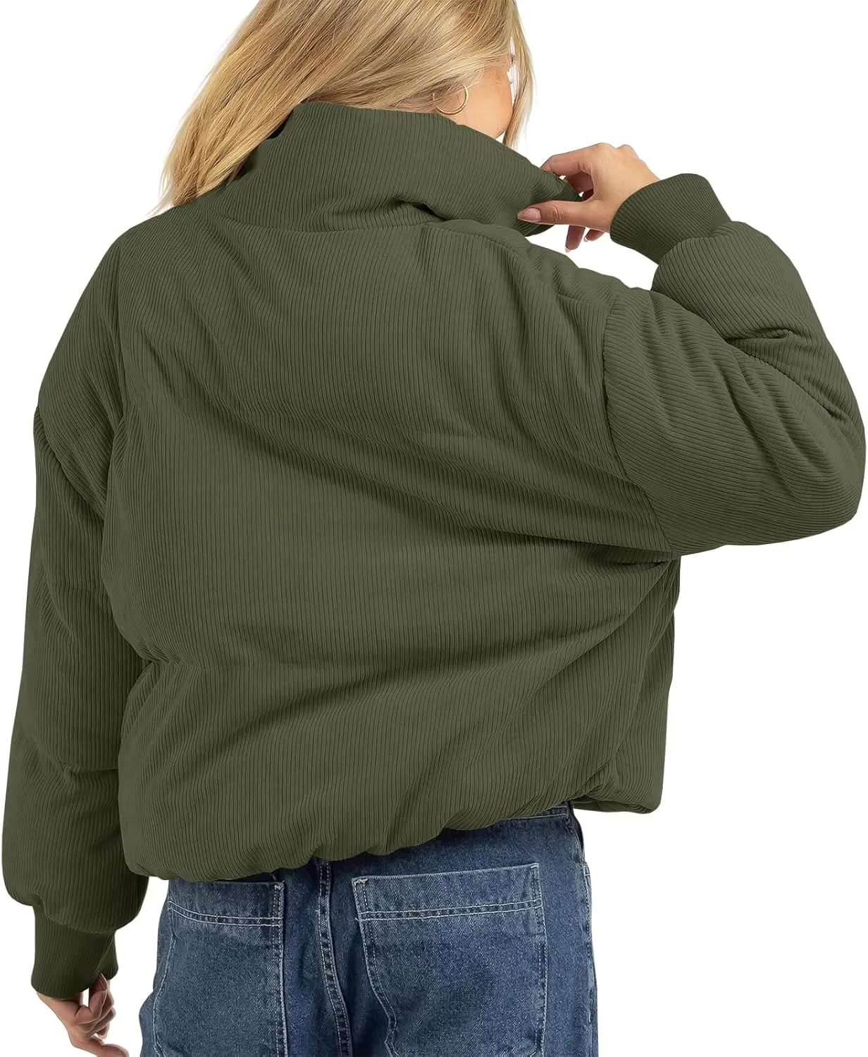 Fisoew Women's Corduroy Quilted Puffer Jackets Long Sleeve Zip Up Stand Winter Down Coat with Pockets