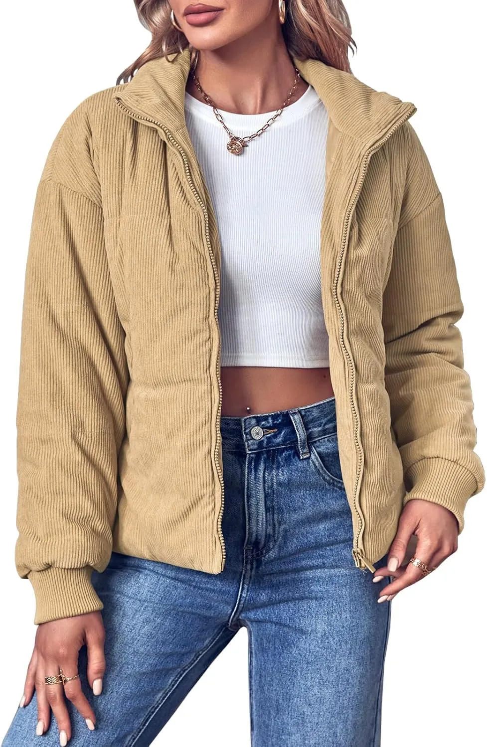 Fisoew Women's Corduroy Quilted Puffer Jackets Long Sleeve Zip Up Stand Winter Down Coat with Pockets