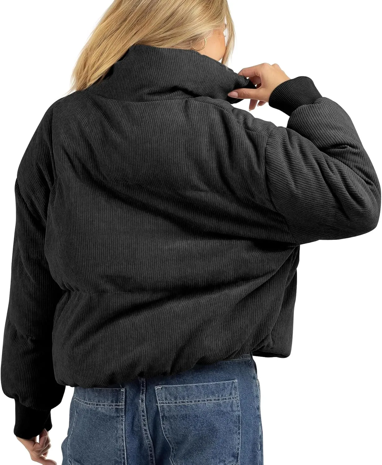 Fisoew Women's Corduroy Quilted Puffer Jackets Long Sleeve Zip Up Stand Winter Down Coat with Pockets