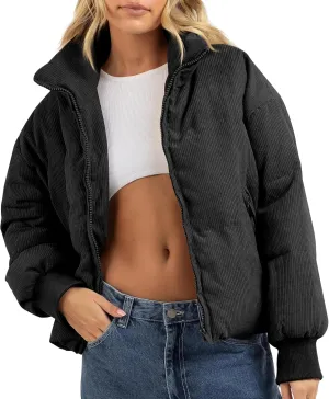 Fisoew Women's Corduroy Quilted Puffer Jackets Long Sleeve Zip Up Stand Winter Down Coat with Pockets