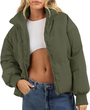Fisoew Women's Corduroy Quilted Puffer Jackets Long Sleeve Zip Up Stand Winter Down Coat with Pockets