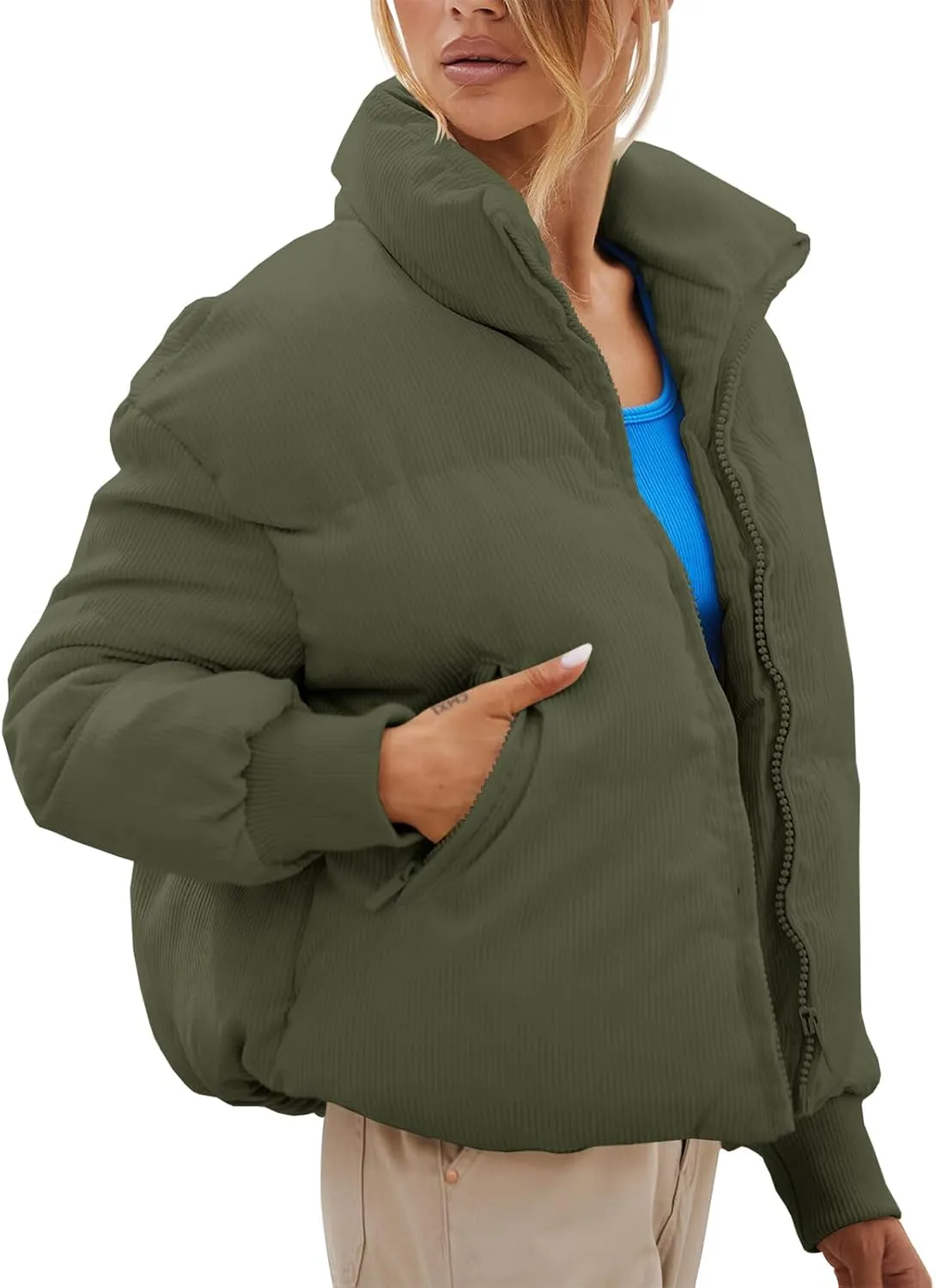 Fisoew Women's Corduroy Quilted Puffer Jackets Long Sleeve Zip Up Stand Winter Down Coat with Pockets