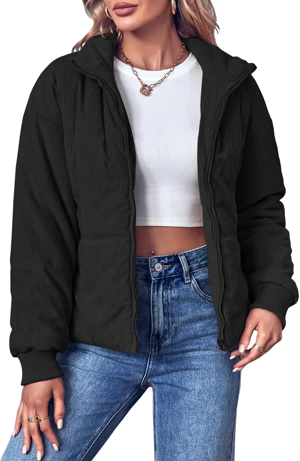 Fisoew Women's Corduroy Quilted Puffer Jackets Long Sleeve Zip Up Stand Winter Down Coat with Pockets