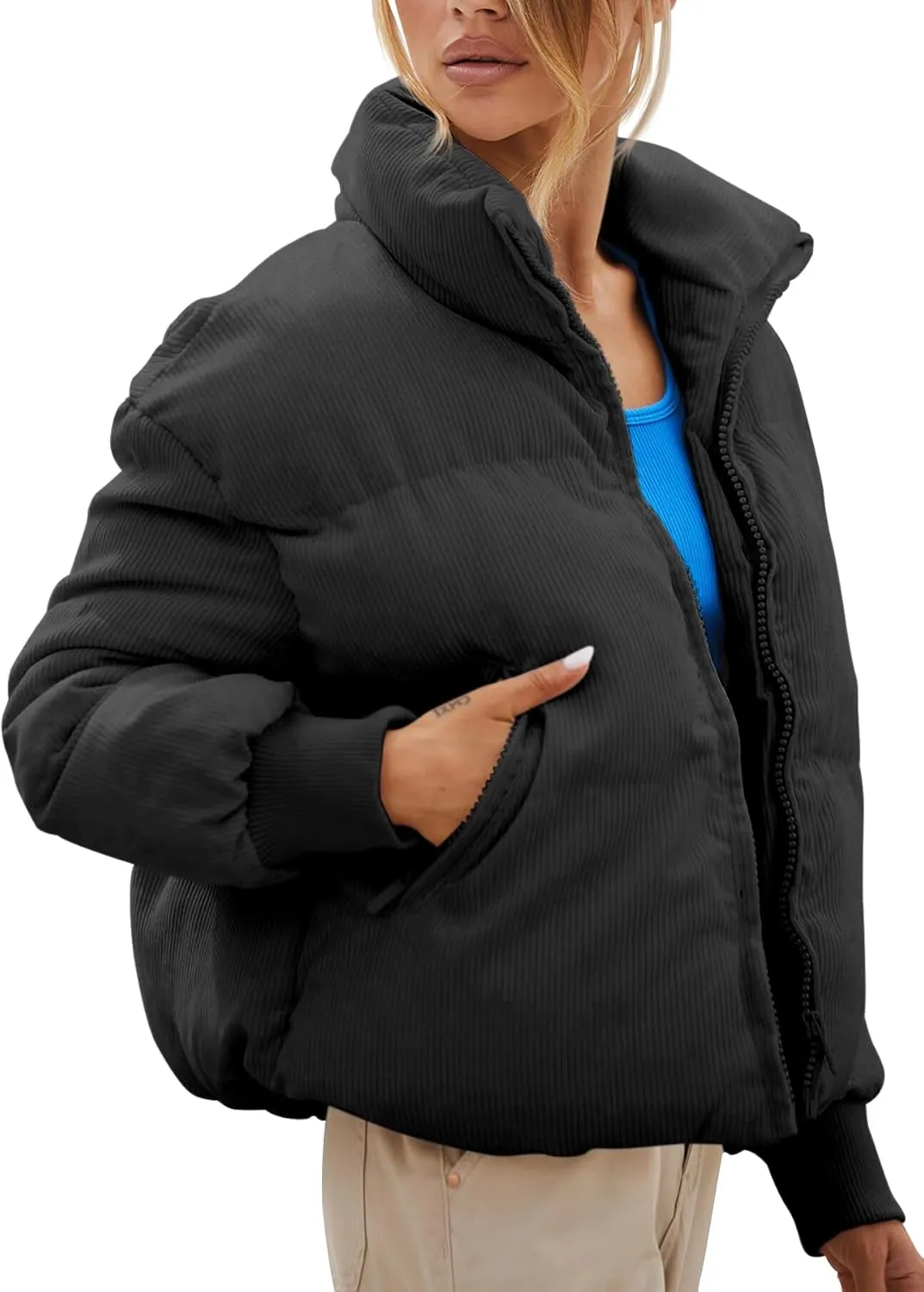 Fisoew Women's Corduroy Quilted Puffer Jackets Long Sleeve Zip Up Stand Winter Down Coat with Pockets