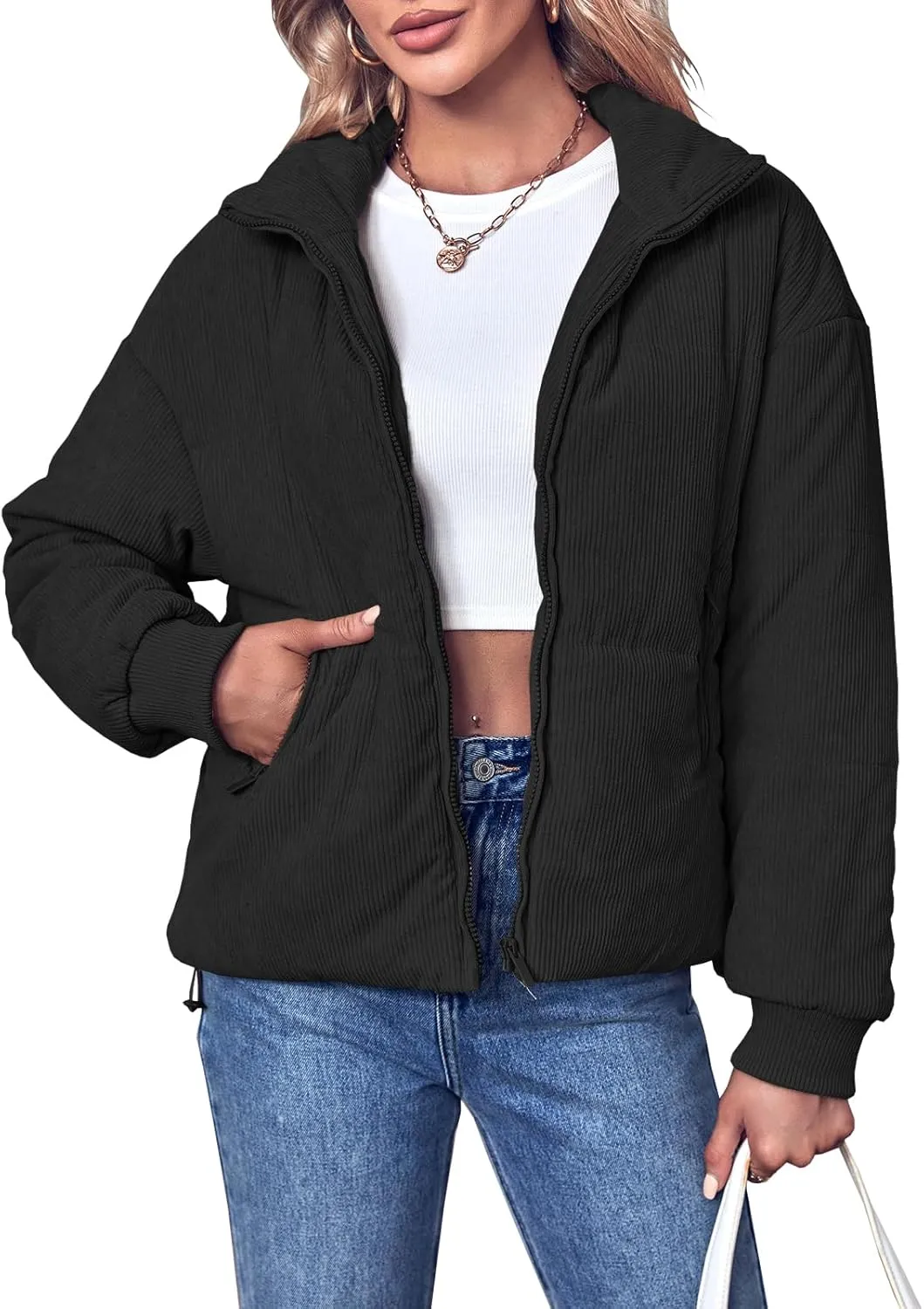 Fisoew Women's Corduroy Quilted Puffer Jackets Long Sleeve Zip Up Stand Winter Down Coat with Pockets