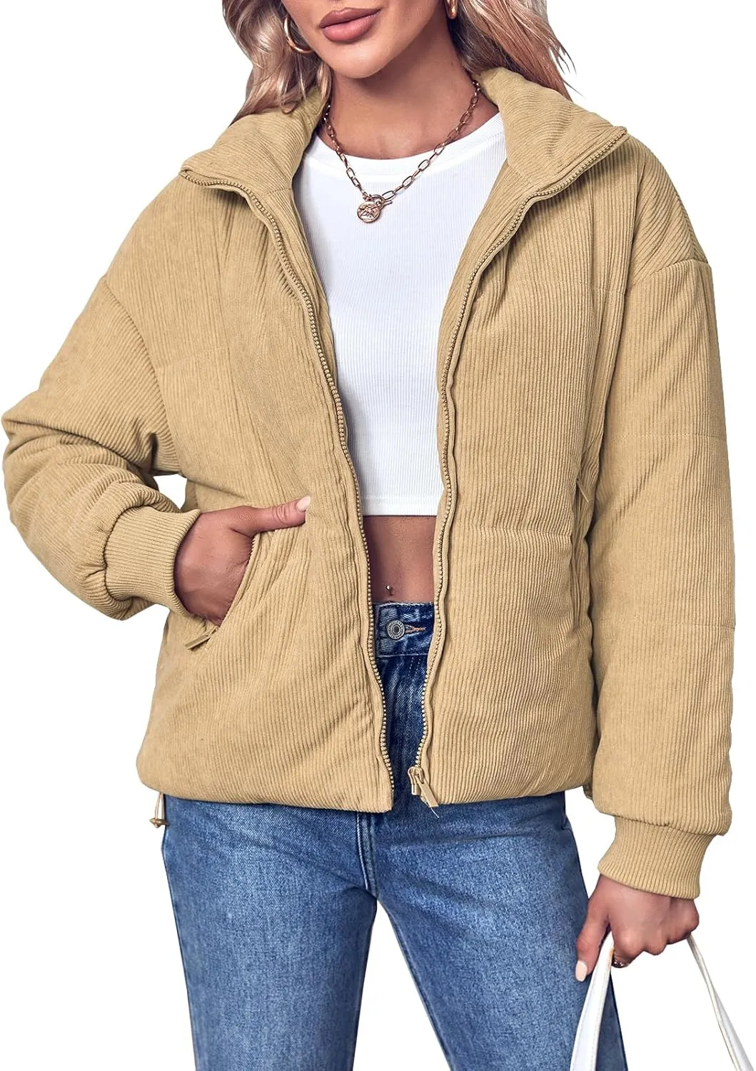 Fisoew Women's Corduroy Quilted Puffer Jackets Long Sleeve Zip Up Stand Winter Down Coat with Pockets