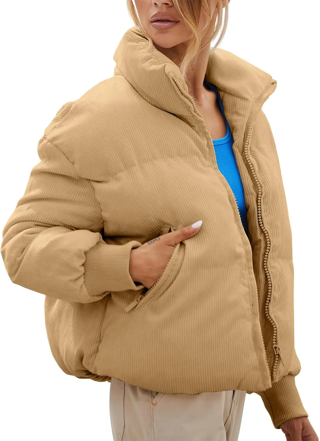 Fisoew Women's Corduroy Quilted Puffer Jackets Long Sleeve Zip Up Stand Winter Down Coat with Pockets