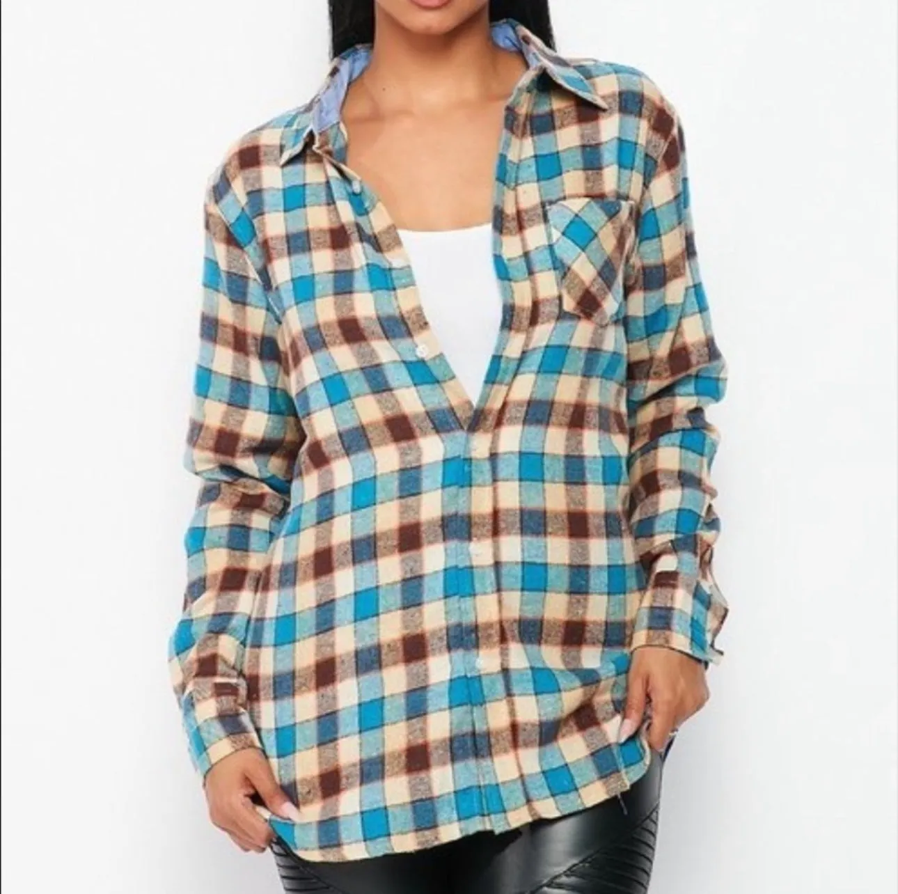 Flannel Babe Unisex Blue/Brown Plaid Long Sleeve Oversized Button Down Shirt