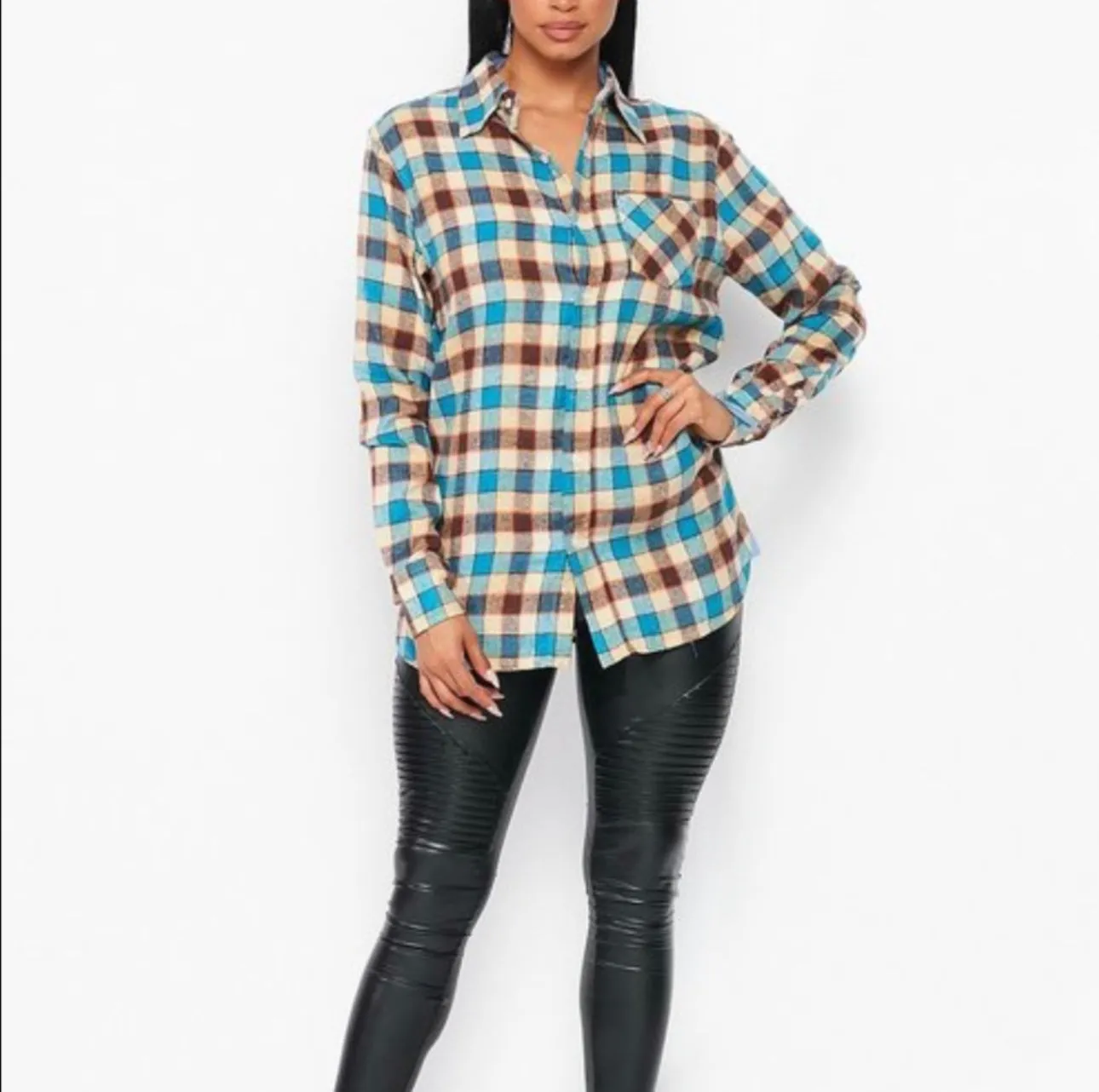 Flannel Babe Unisex Blue/Brown Plaid Long Sleeve Oversized Button Down Shirt