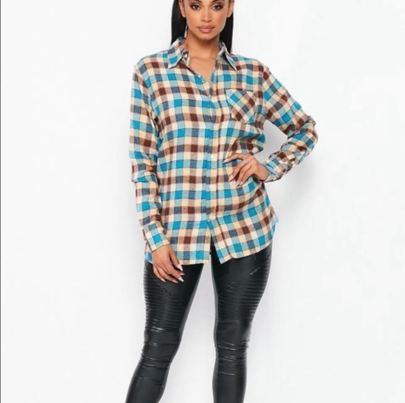 Flannel Babe Unisex Blue/Brown Plaid Long Sleeve Oversized Button Down Shirt