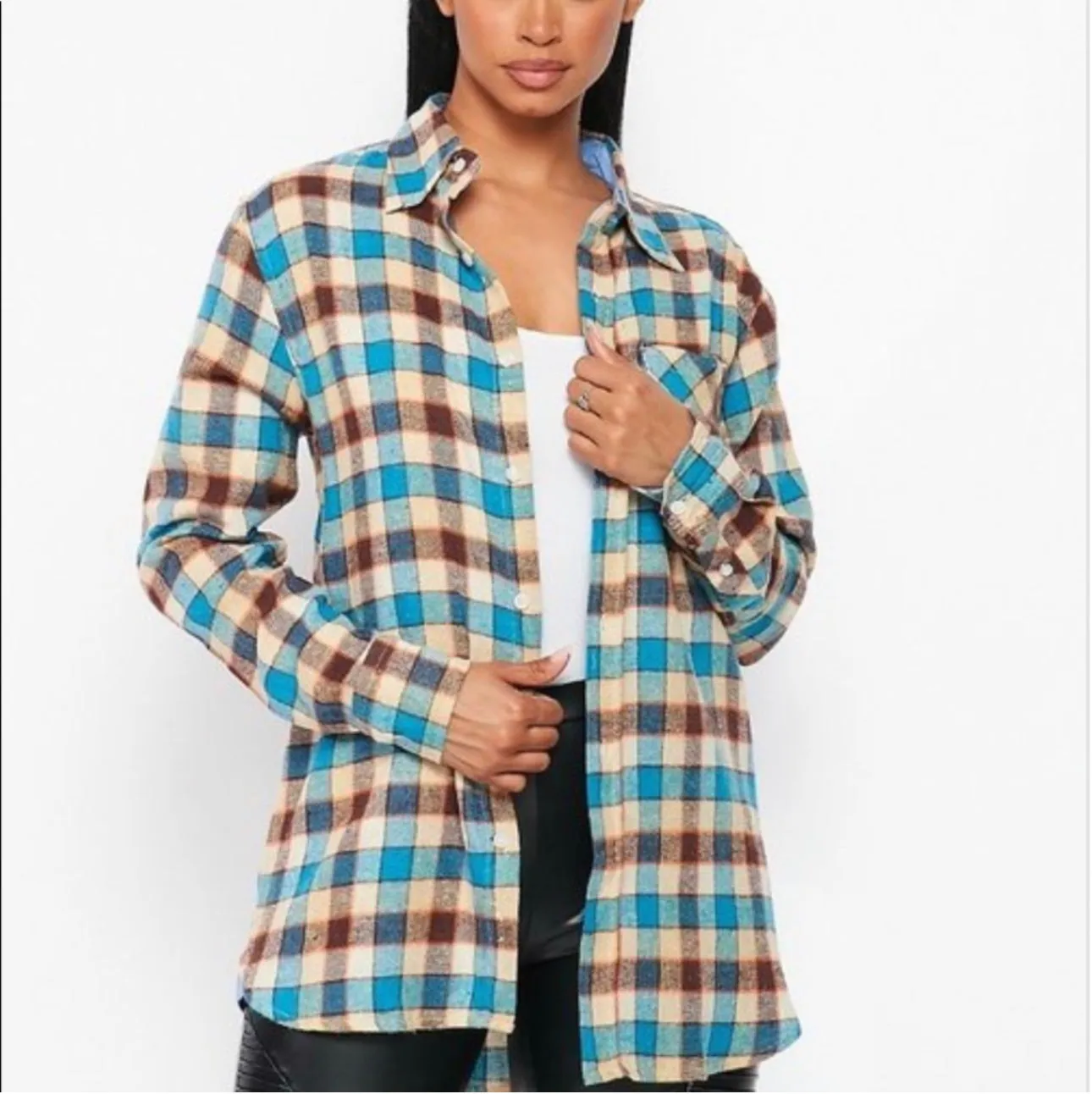 Flannel Babe Unisex Blue/Brown Plaid Long Sleeve Oversized Button Down Shirt