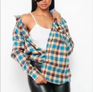 Flannel Babe Unisex Blue/Brown Plaid Long Sleeve Oversized Button Down Shirt
