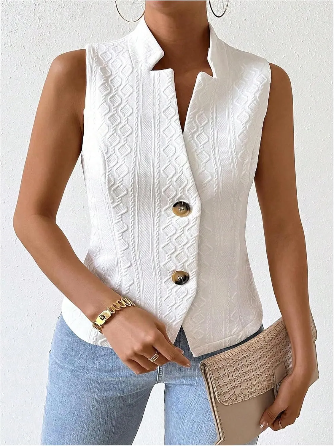 Floerns Women's Plus Size Jacquard Sleeveless Waistcoats Button Brown Vest Blazers