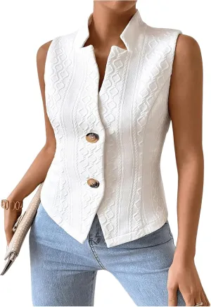 Floerns Women's Plus Size Jacquard Sleeveless Waistcoats Button Brown Vest Blazers