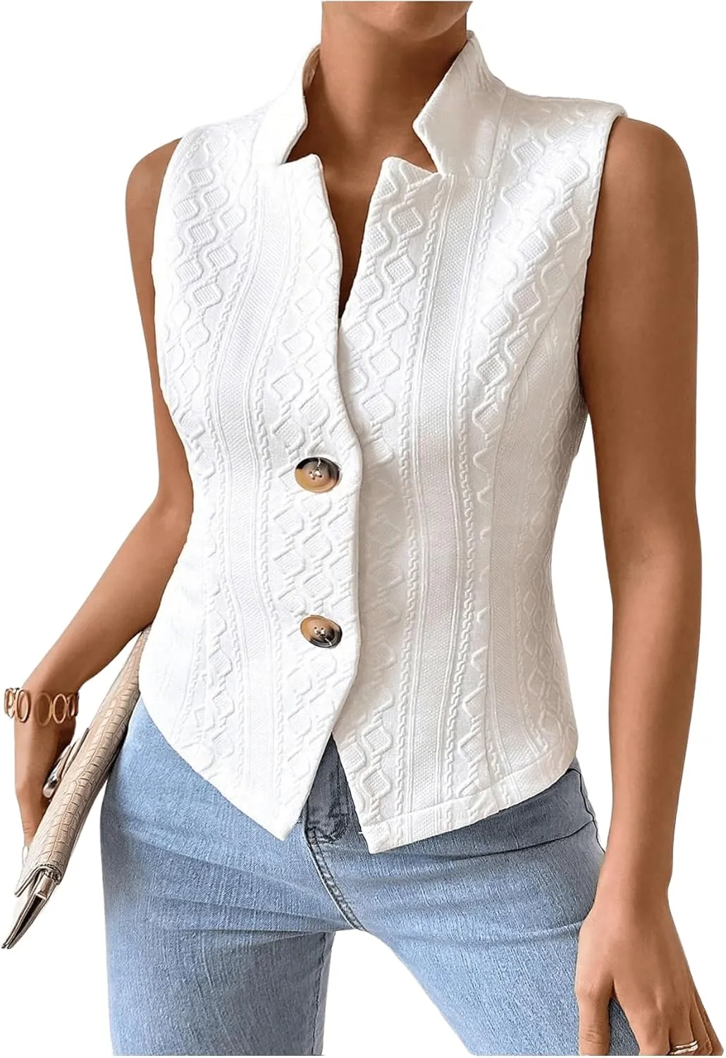 Floerns Women's Plus Size Jacquard Sleeveless Waistcoats Button Brown Vest Blazers