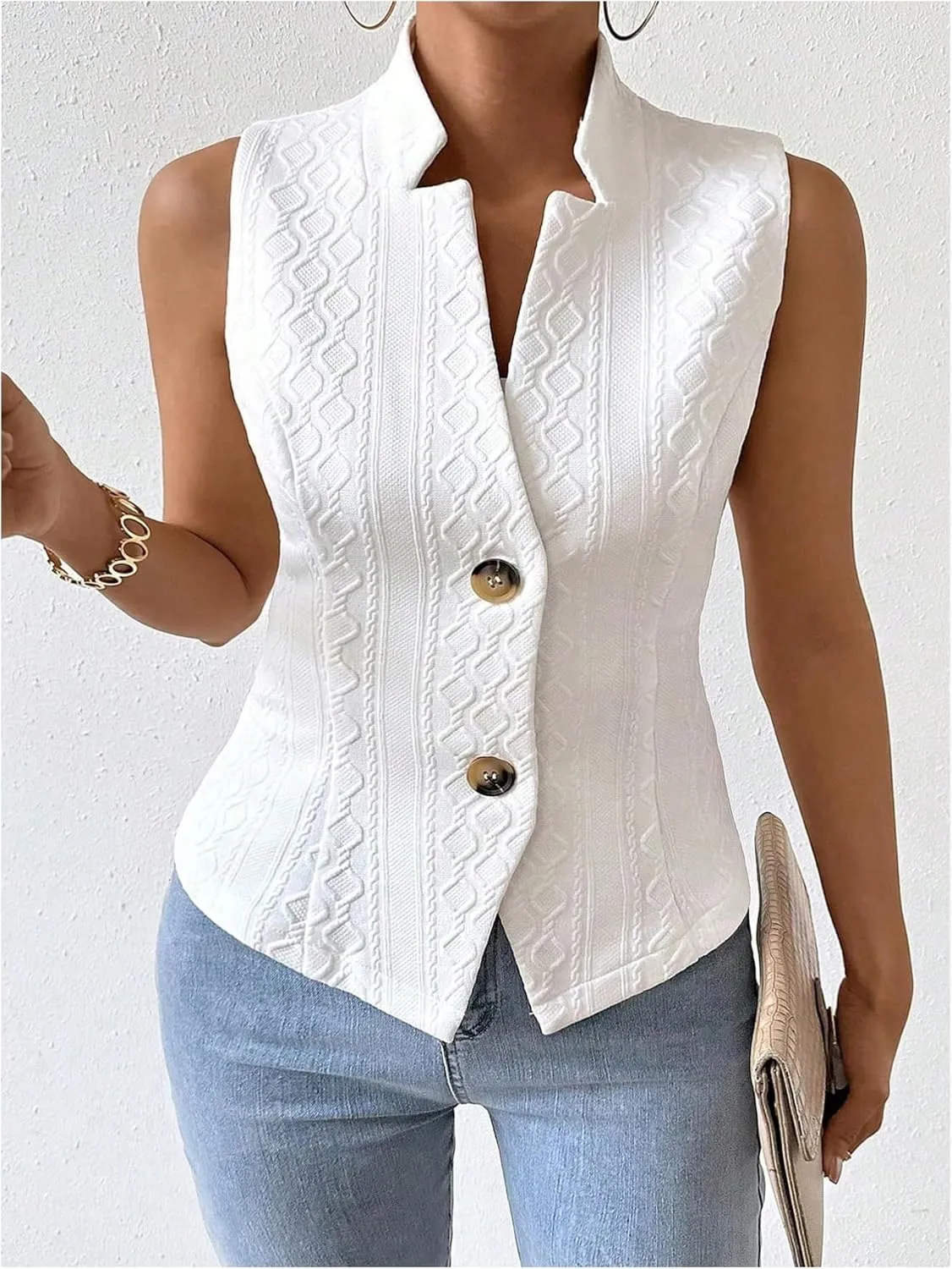 Floerns Women's Plus Size Jacquard Sleeveless Waistcoats Button Brown Vest Blazers