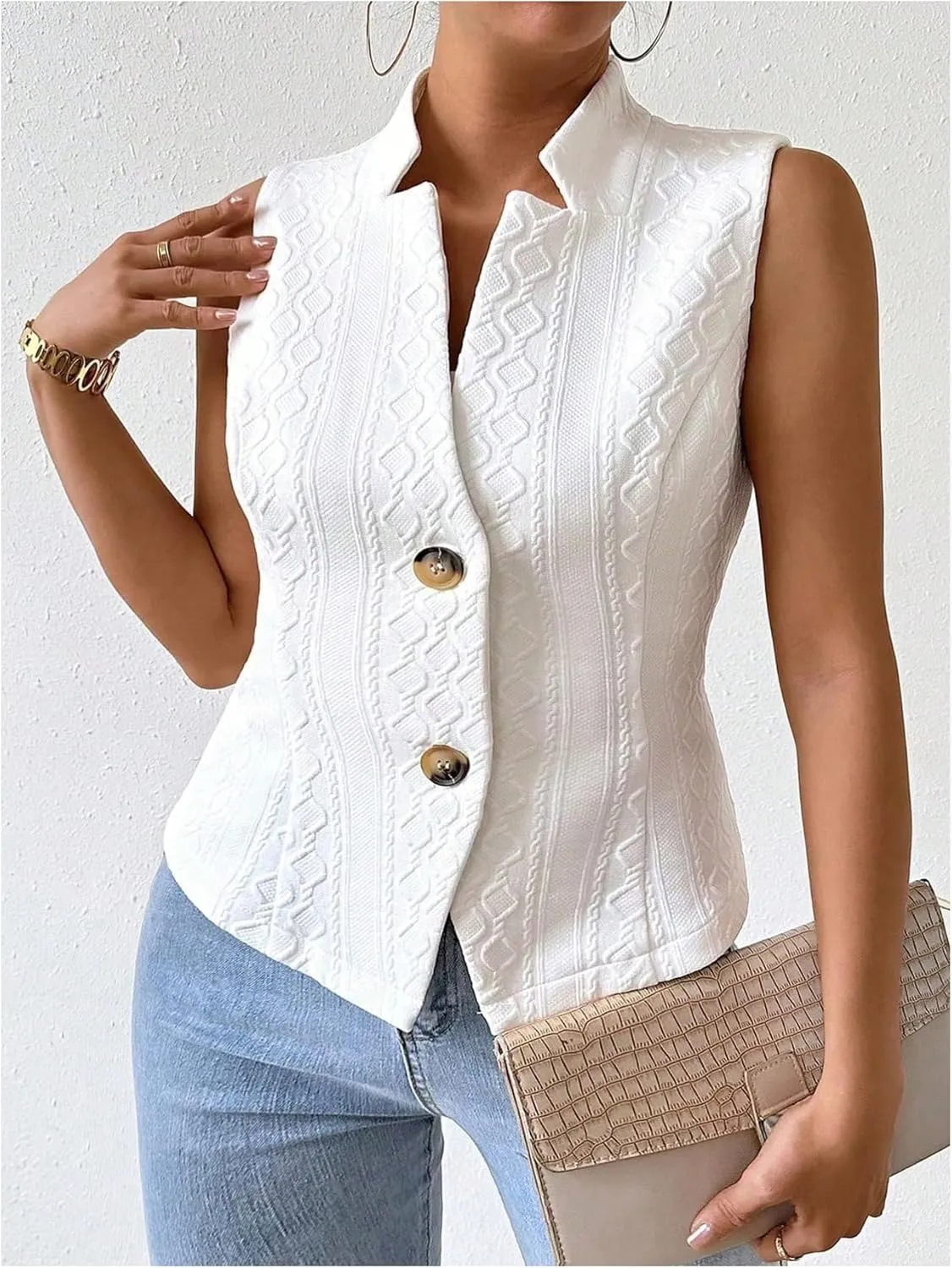 Floerns Women's Plus Size Jacquard Sleeveless Waistcoats Button Brown Vest Blazers