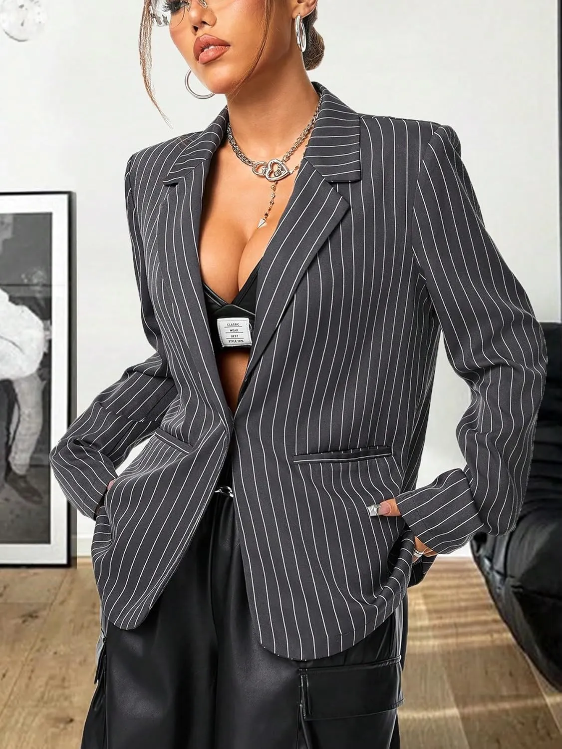 Floerns Women's Striped Long Sleeve Casual Blazers Lapel Neck Button Suit Jacket