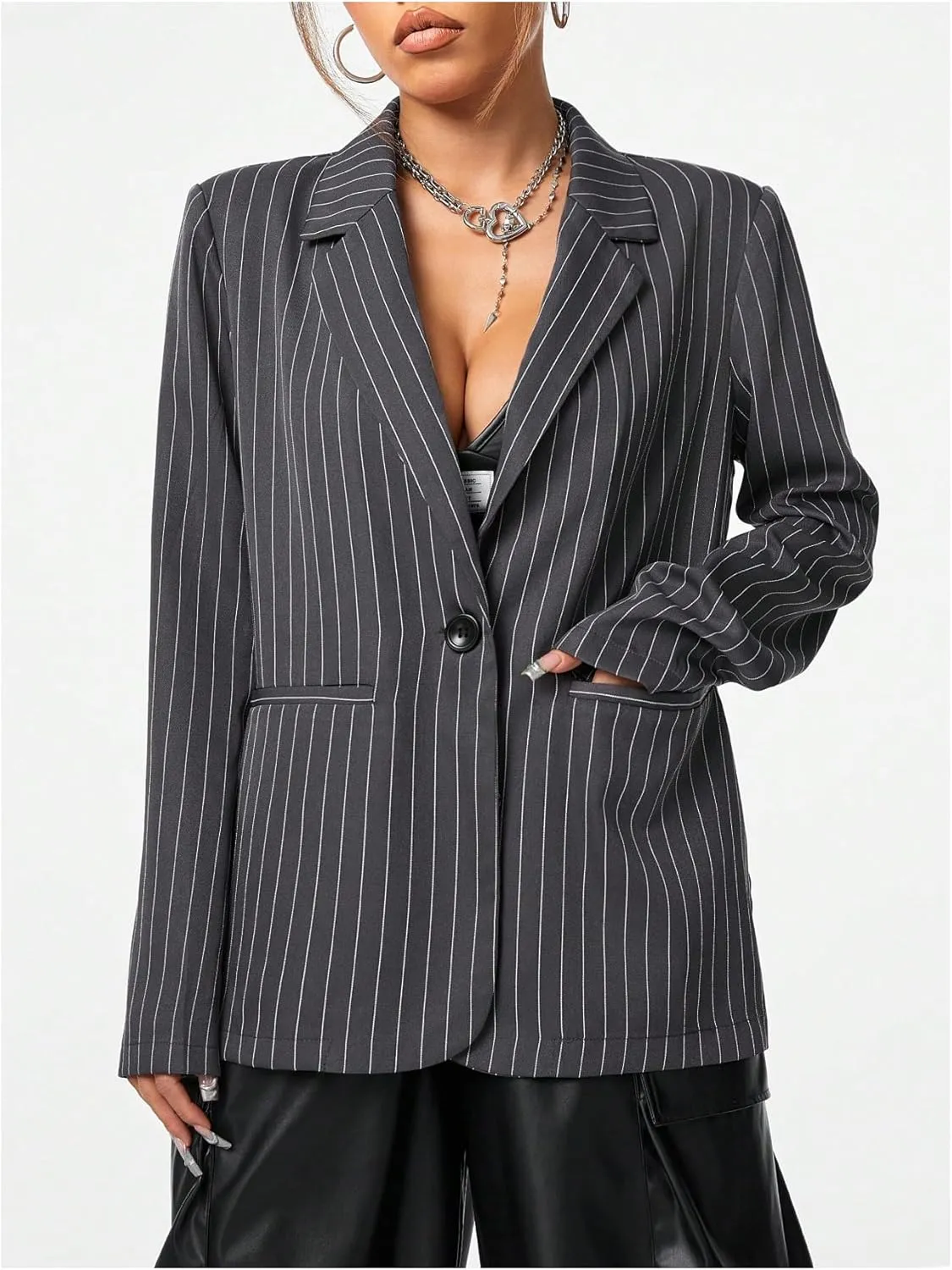 Floerns Women's Striped Long Sleeve Casual Blazers Lapel Neck Button Suit Jacket