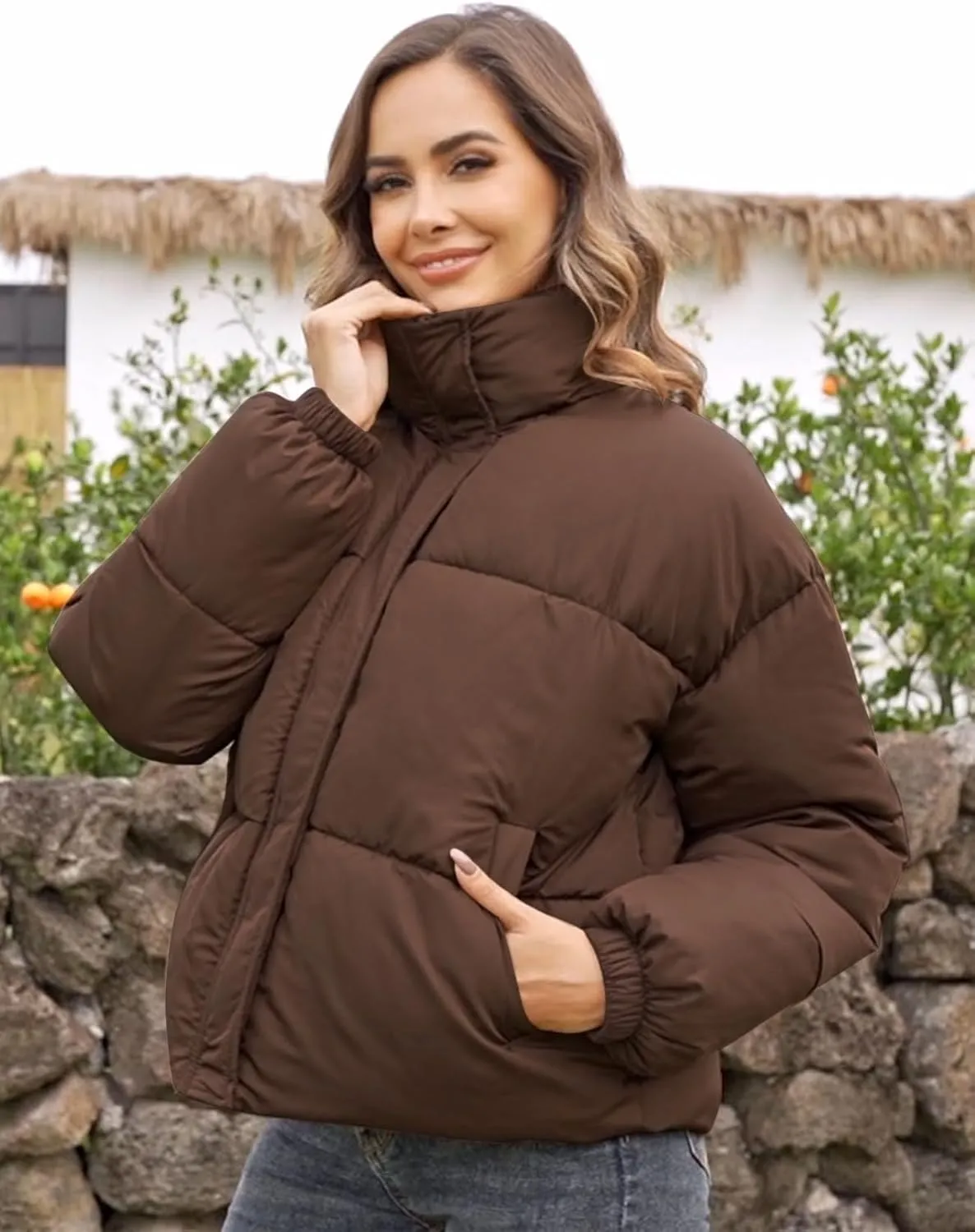 Flygo Womens Cropped Puffer Jacket Zip Up Stand Collar Lightweight Quilted Padded Down Winter Warm Jackets Coats with Pockets