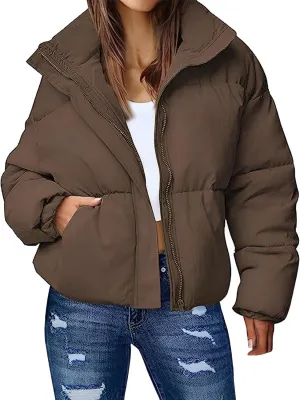 Flygo Womens Cropped Puffer Jacket Zip Up Stand Collar Lightweight Quilted Padded Down Winter Warm Jackets Coats with Pockets