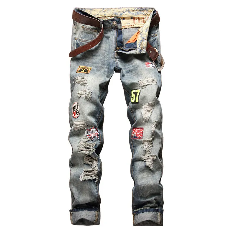 Frayed Men's Ripped Jeans Mid Waist Jeans Basic Straight Pants