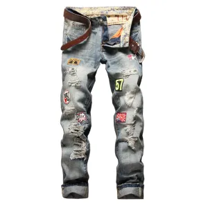 Frayed Men's Ripped Jeans Mid Waist Jeans Basic Straight Pants
