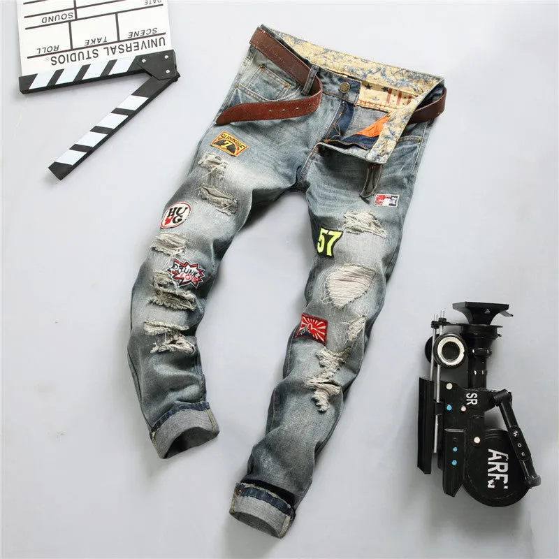 Frayed Men's Ripped Jeans Mid Waist Jeans Basic Straight Pants