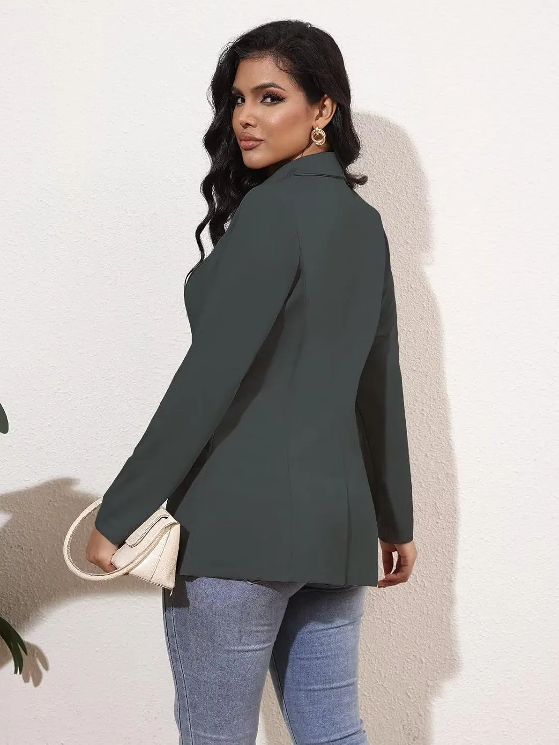 Genhoo Women's Long Sleeve Blazer Open Front Cardigan Jacket Work Office Blazer with Zipper Pockets S-3XL