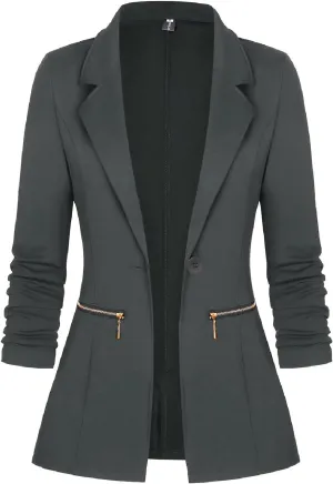 Genhoo Women's Long Sleeve Blazer Open Front Cardigan Jacket Work Office Blazer with Zipper Pockets S-3XL