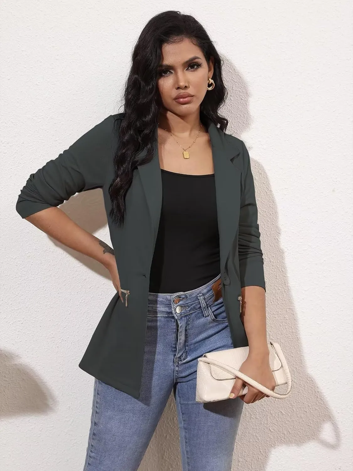 Genhoo Women's Long Sleeve Blazer Open Front Cardigan Jacket Work Office Blazer with Zipper Pockets S-3XL