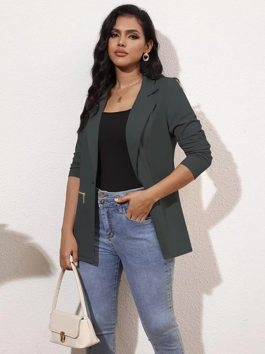 Genhoo Women's Long Sleeve Blazer Open Front Cardigan Jacket Work Office Blazer with Zipper Pockets S-3XL
