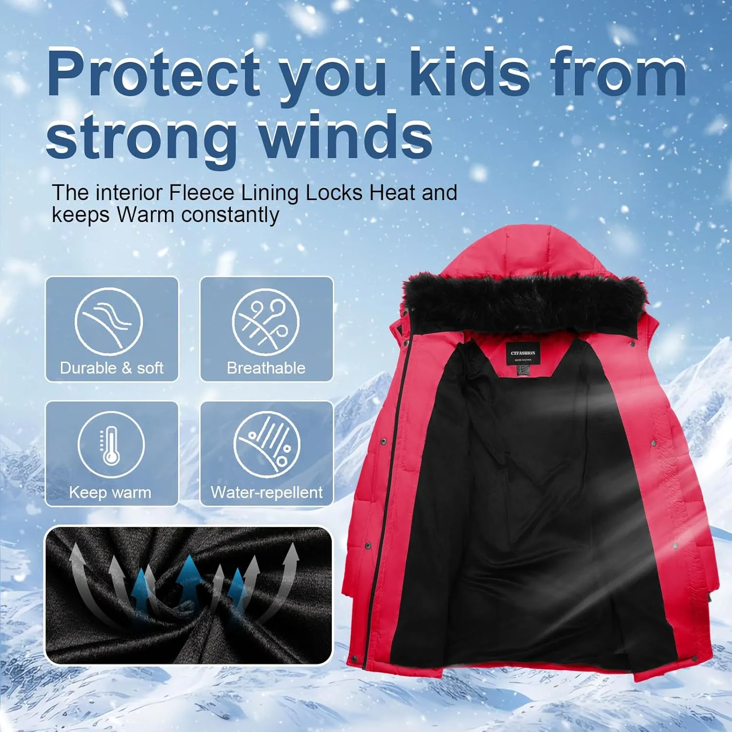 Girl's Winter Coats Kids Waterproof Long Puffer Jacket Thicken Fleece Lined Ski Parka with Detachable Fur Hooded