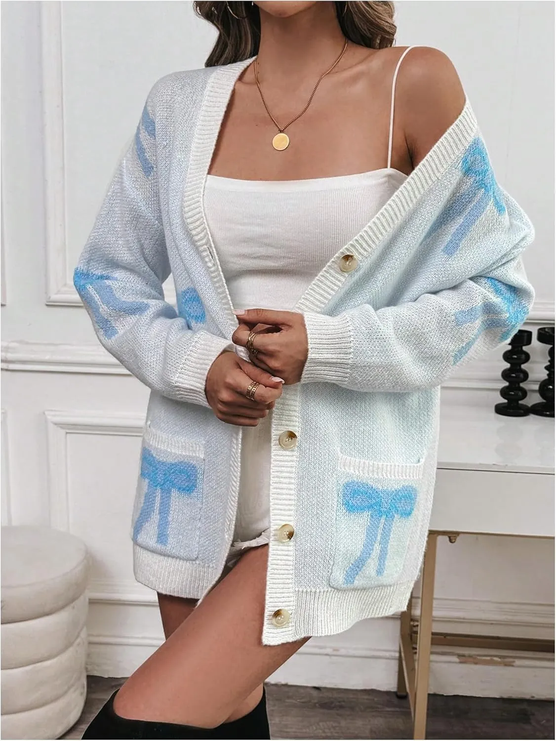 GORGLITTER Women's Bow Button Down Cardigan Sweaters Graphic Knit Cardigans with Pocket