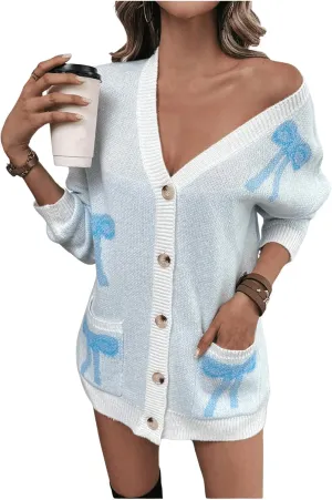 GORGLITTER Women's Bow Button Down Cardigan Sweaters Graphic Knit Cardigans with Pocket