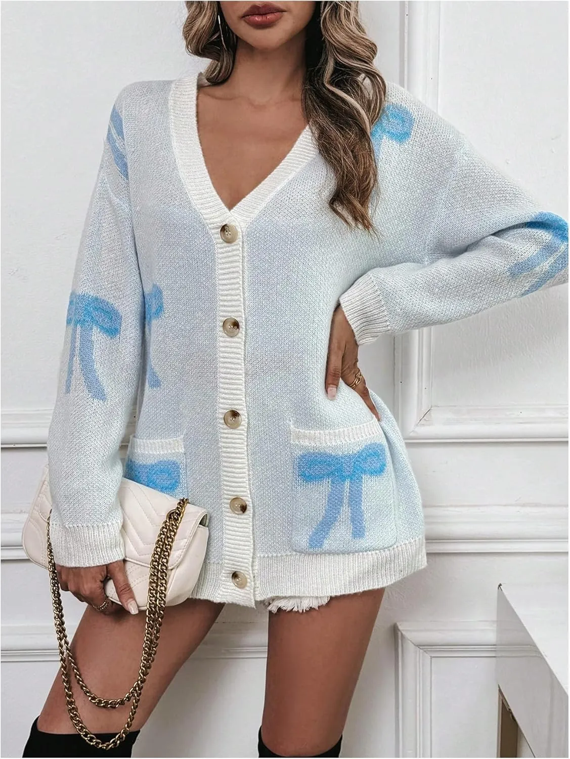 GORGLITTER Women's Bow Button Down Cardigan Sweaters Graphic Knit Cardigans with Pocket
