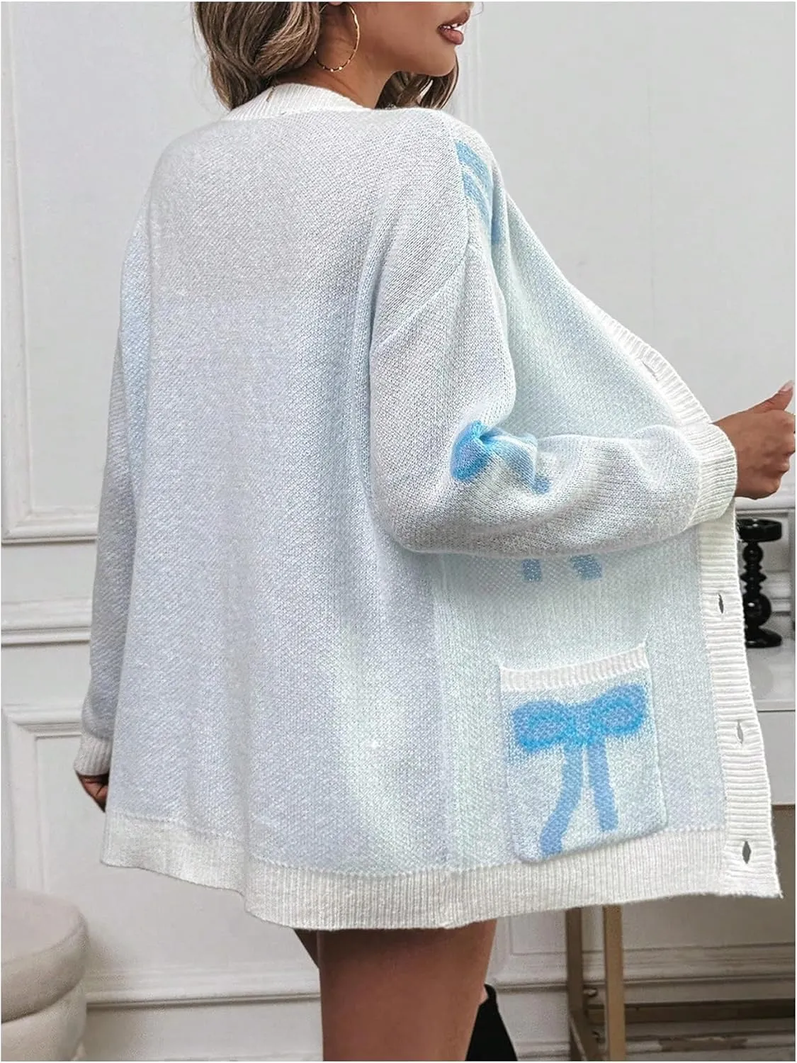 GORGLITTER Women's Bow Button Down Cardigan Sweaters Graphic Knit Cardigans with Pocket