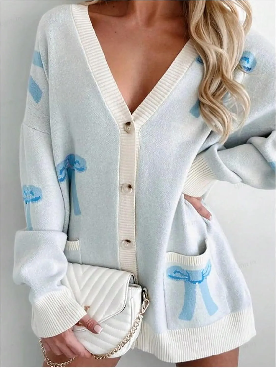 GORGLITTER Women's Bow Button Down Cardigan Sweaters Graphic Knit Cardigans with Pocket