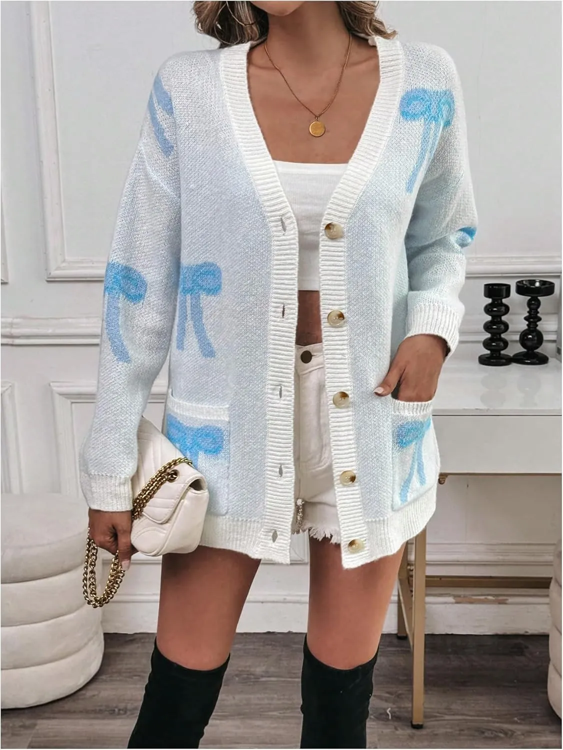 GORGLITTER Women's Bow Button Down Cardigan Sweaters Graphic Knit Cardigans with Pocket