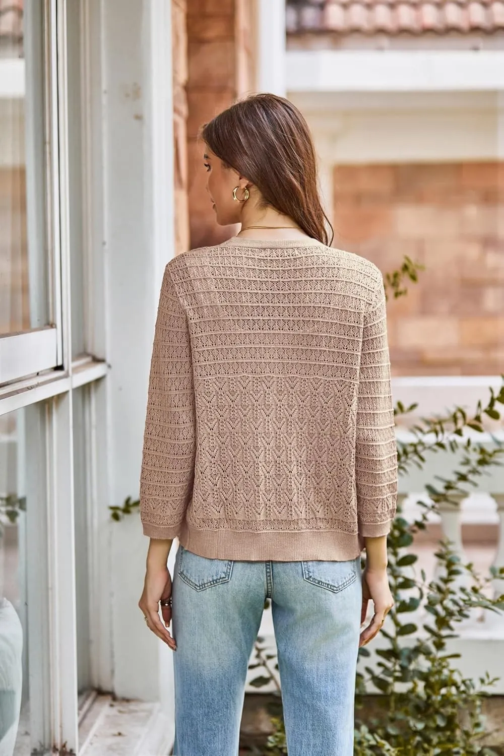 GRACE KARIN 2025 Women's 3/4 Sleeve Crochet Knit Button Down Cardigan Cropped Shrug Bolero Lightweight Sweaters Tops