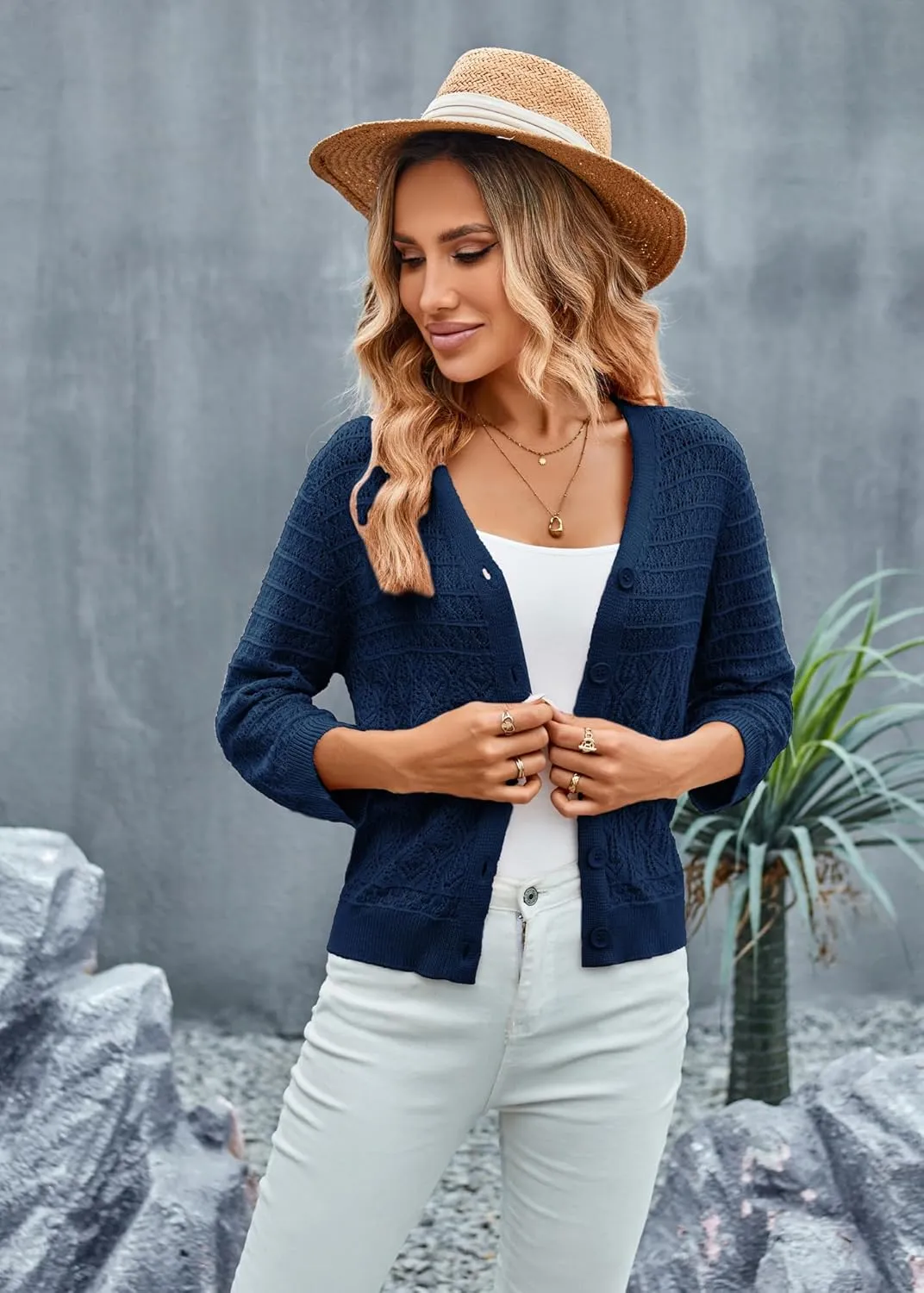 GRACE KARIN 2025 Women's 3/4 Sleeve Crochet Knit Button Down Cardigan Cropped Shrug Bolero Lightweight Sweaters Tops
