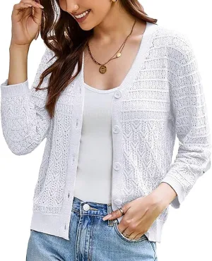 GRACE KARIN 2025 Women's 3/4 Sleeve Crochet Knit Button Down Cardigan Cropped Shrug Bolero Lightweight Sweaters Tops
