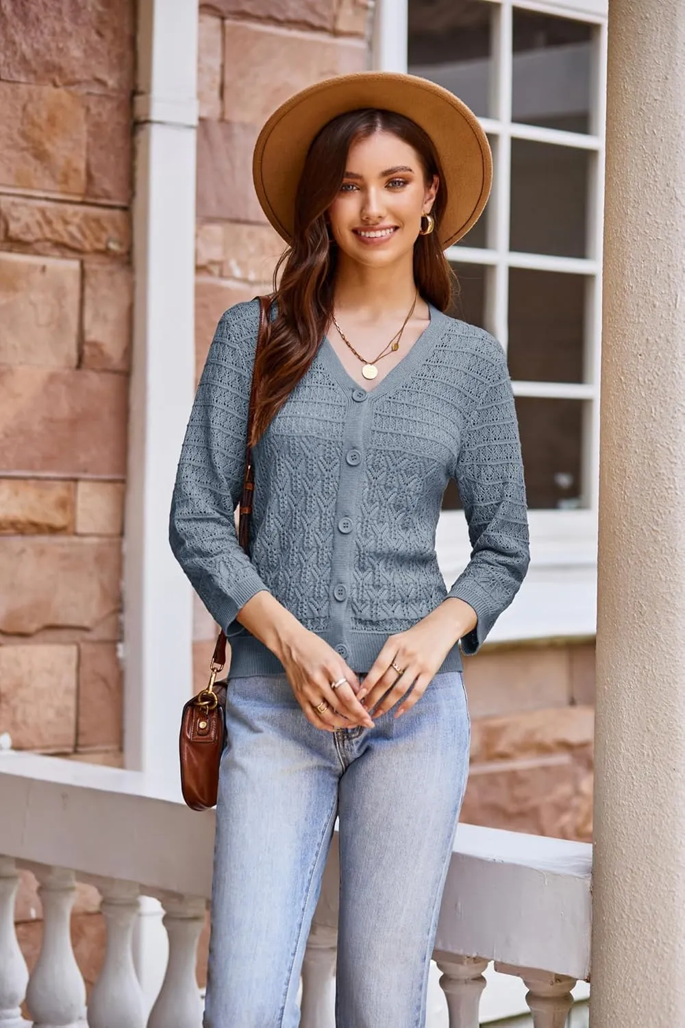 GRACE KARIN 2025 Women's 3/4 Sleeve Crochet Knit Button Down Cardigan Cropped Shrug Bolero Lightweight Sweaters Tops