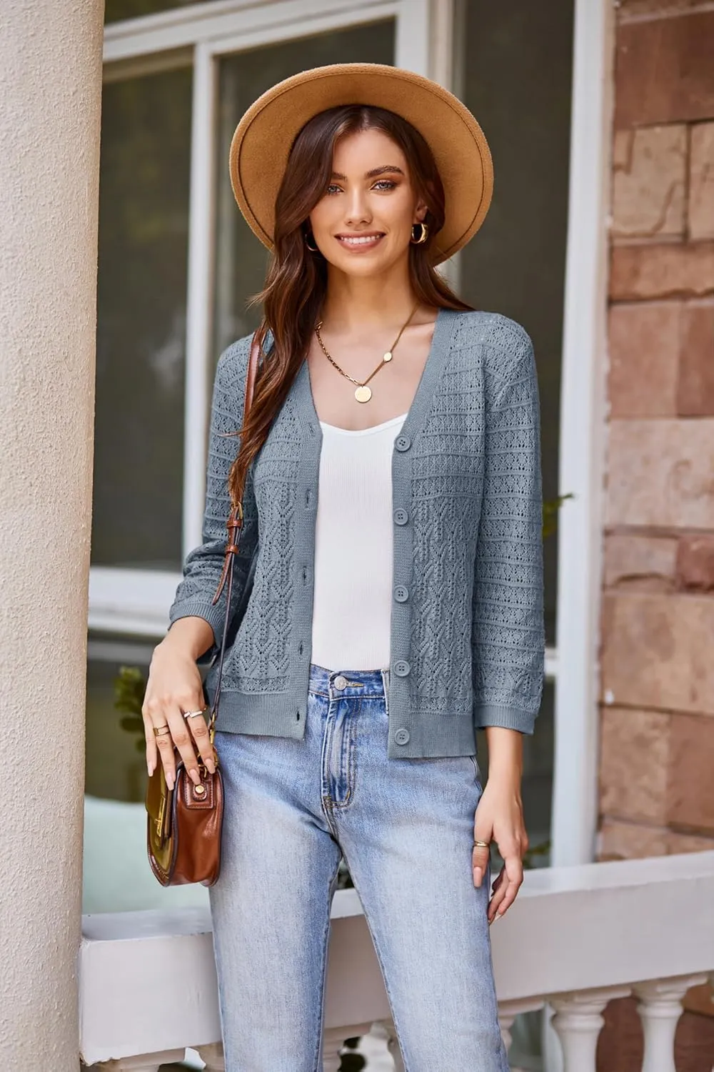 GRACE KARIN 2025 Women's 3/4 Sleeve Crochet Knit Button Down Cardigan Cropped Shrug Bolero Lightweight Sweaters Tops