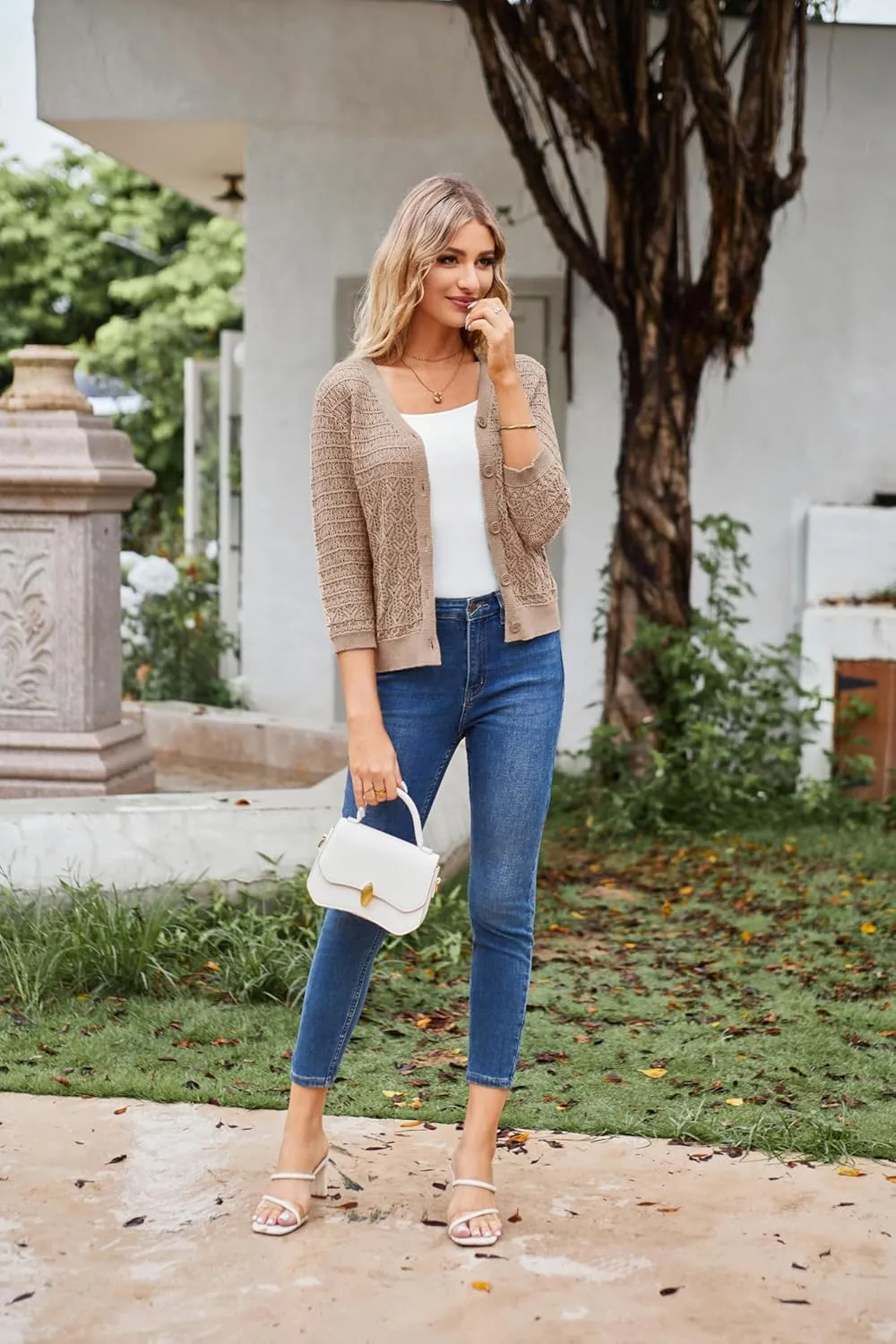 GRACE KARIN 2025 Women's 3/4 Sleeve Crochet Knit Button Down Cardigan Cropped Shrug Bolero Lightweight Sweaters Tops