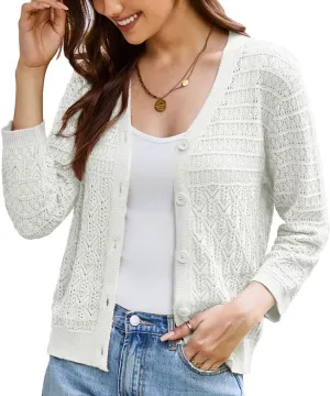 GRACE KARIN 2025 Women's 3/4 Sleeve Crochet Knit Button Down Cardigan Cropped Shrug Bolero Lightweight Sweaters Tops